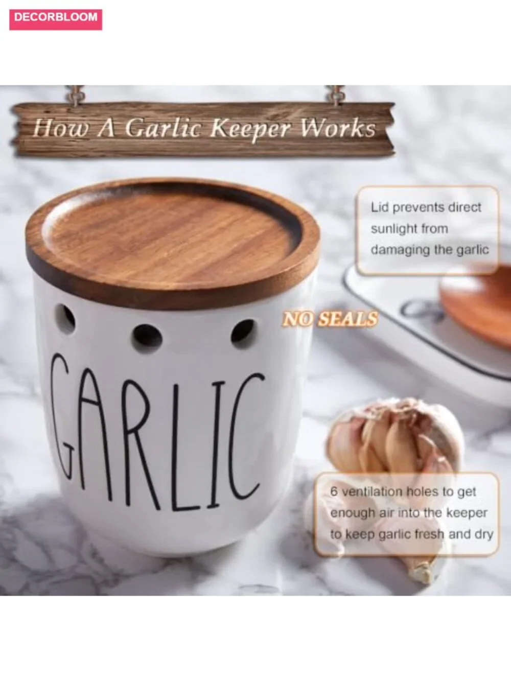 Ceramic Garlic Keeper with Acacia Wood Lid, Food Storage Jar